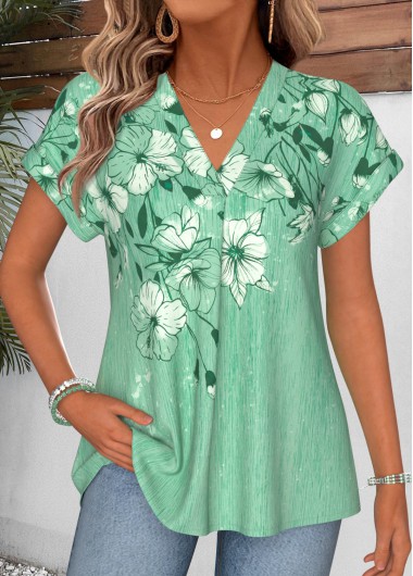 women clothes image of Green Floral Print Curved Hem Short Sleeve Blouse