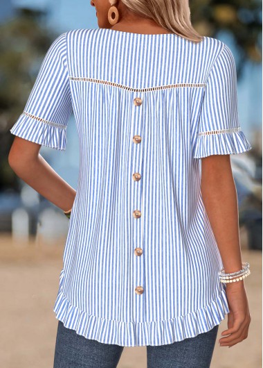 women clothes image of Blue Striped Frill Short Sleeve Round Neck T Shirt