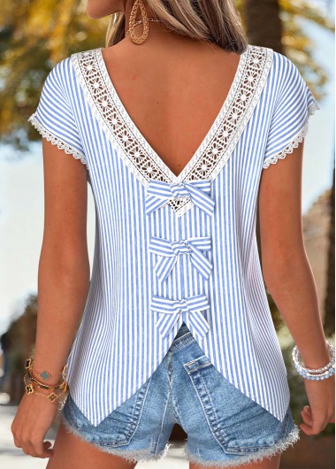 women clothes image of Blue Striped Bowknot Short Sleeve V Neck T Shirt