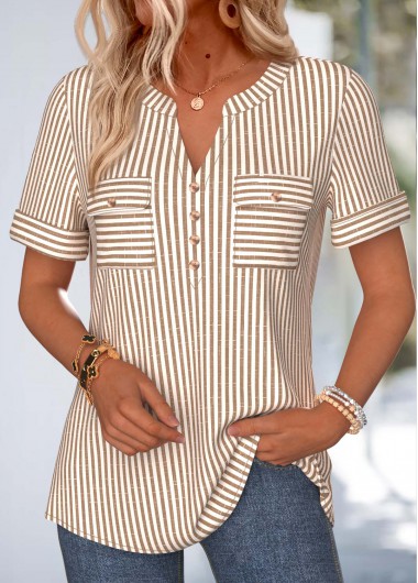 women clothes image of Light Coffee Striped Patch Pocket Short Sleeve Blouse