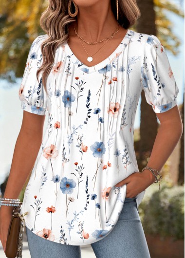 women clothes image of White Ditsy Floral Print Tuck Stitch T Shirt