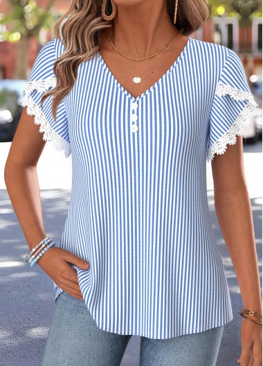 women clothes image of Blue Striped Curved Hem Short Sleeve T Shirt