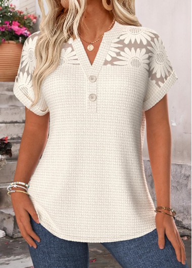 women clothes image of Beige Tummy Coverage Short Sleeve Split Neck Blouse