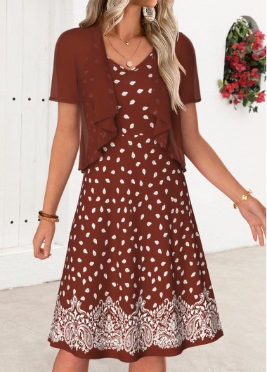 women clothes image of Brick Red Tribal Print Two-piece Strappy Dress and Cardigan