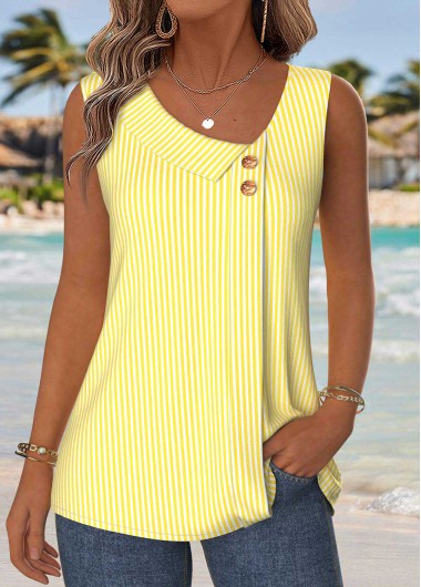 women clothes image of Yellow Striped Patchwork Sleeveless Asymmetrical Neck Tank Top