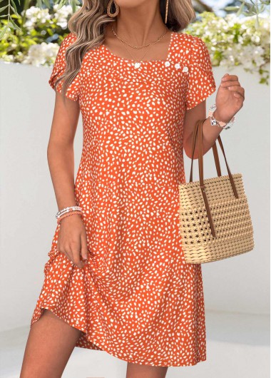 women clothes image of Orange Polka Dot Short Tummy Coverage Asymmetrical Neck Dress