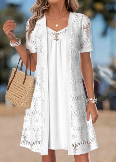 women clothes image of White Fake 2in1 Short Sleeve V Neck Dress