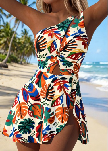 women clothes image of Multi Color Layered Leaf Print One Piece Swimdress