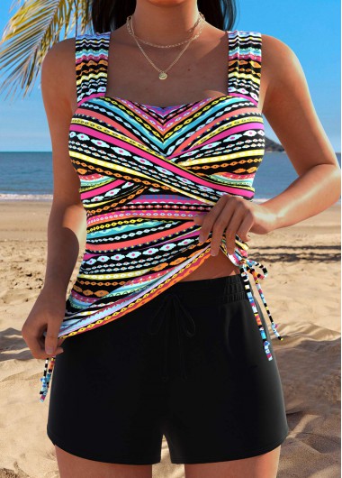 women clothes image of Multi Color Mid Waisted Wrap Tribal Print Tankini Set