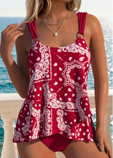 women clothes image of Coral Mid Waisted Tummy Coverage Tribal Print Tankini Set