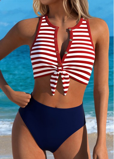 women clothes image of Multi Color Mid Waisted Bowknot Striped Bikini Set
