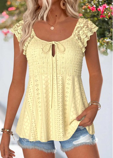 women clothes image of Yellow Bowknot Short Sleeve Square Neck Blouse