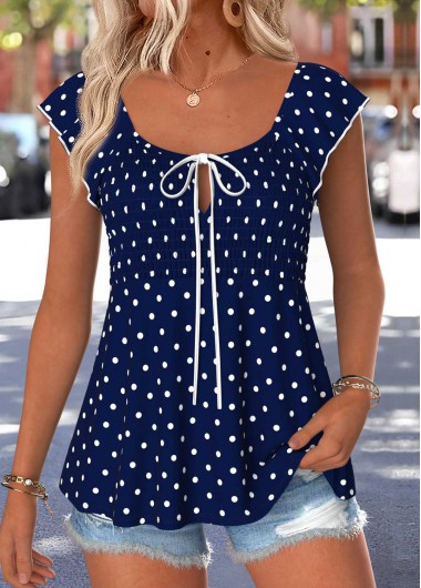 women clothes image of Navy Polka Dot Bowknot Short Sleeve Square Neck Blouse