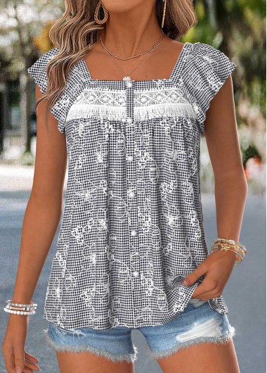 women clothes image of Black Plaid Curved Hem Short Sleeve Square Neck Blouse