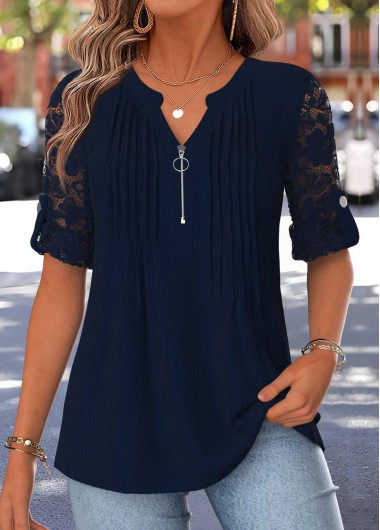 women clothes image of Navy Tuck Stitch Short Sleeve Split Neck Blouse