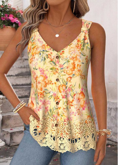 women clothes image of Yellow Floral Print Curved Hem Sleeveless Tank Top