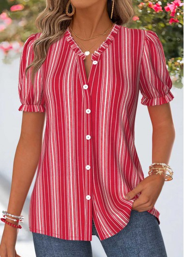 women clothes image of Red Striped Shirred Short Sleeve Split Neck Blouse