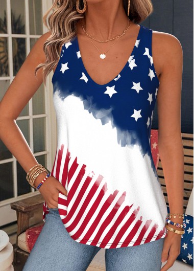 women clothes image of American Flag Blue Sleeveless V Neck Tank Top
