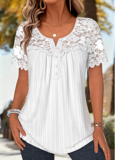 women clothes image of White Ruffle Short Sleeve Split Neck Blouse