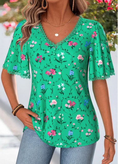 women clothes image of Green Floral Print Curved Hem Half Sleeve T Shirt