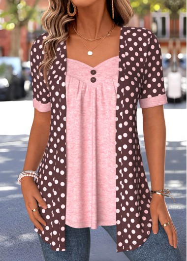 women clothes image of Dark Coffee Polka Dot Fake Two Piece Twinset