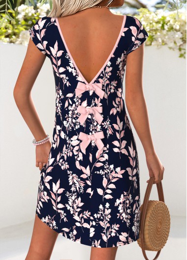 women clothes image of Navy Leaf Print Short Tummy Coverage V Neck Dress