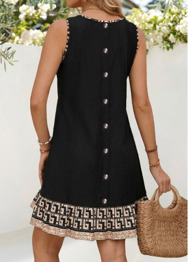 women clothes image of Black Tribal Print Short Patchwork Sleeveless Round Neck Dress
