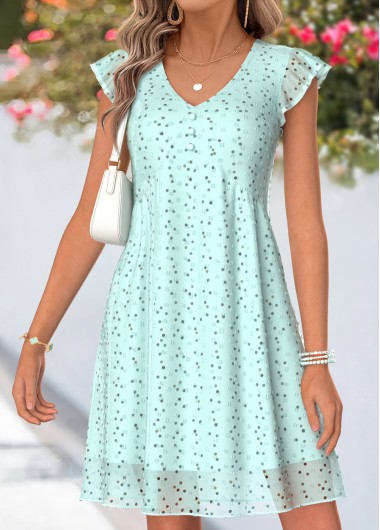 women clothes image of Mint Green Polka Dot Short Shirred V Neck Dress