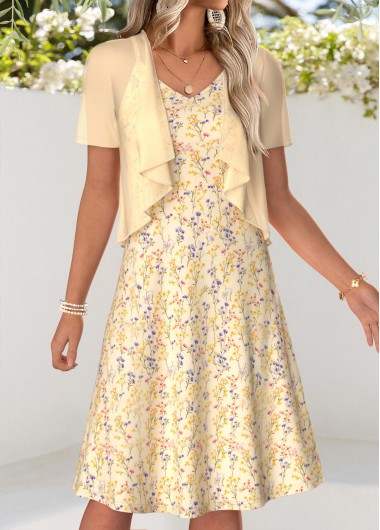 women clothes image of Light Yellow Ditsy Floral Print Two-piece Dress and Cardigan