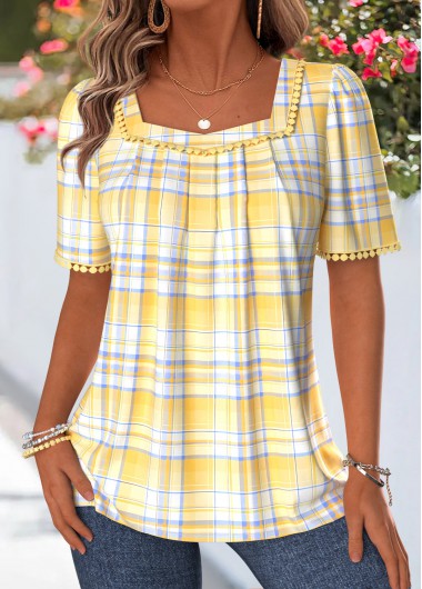 women clothes image of Yellow Plaid Pleated Short Sleeve Square Neck T Shirt