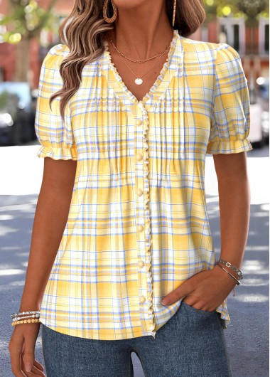 women clothes image of Yellow Plaid Frill Short Sleeve V Neck T Shirt