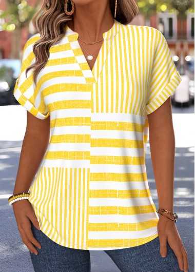 women clothes image of Yellow Striped Patchwork Short Sleeve V Neck Blouse