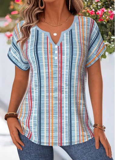 women clothes image of Dusty Blue Multi Stripe Print Tummy Coverage Blouse