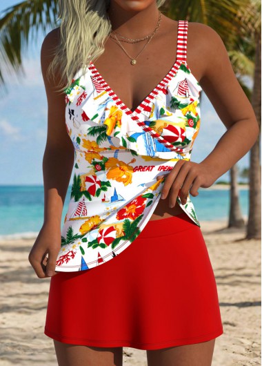 women clothes image of Red High Waisted Fake 2in1 Floral Print Tankini Set