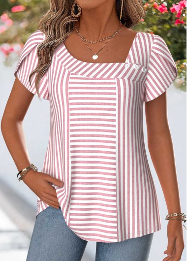 women clothes image of Pink Striped Curved Hem Short Sleeve Blouse