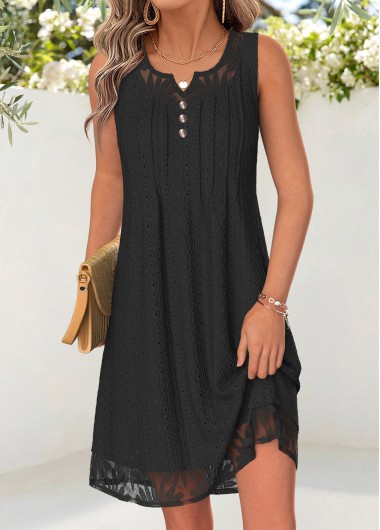 women clothes image of Black Short Tuck Stitch Sleeveless Split Neck Dress