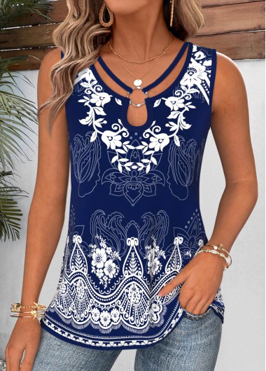 women clothes image of Navy Geometric Print Curved Hem Sleeveless Tank Top