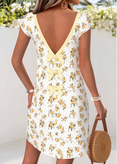 women clothes image of Multi Color Floral Print Short Bowknot V Neck Dress