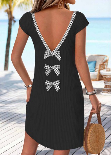 women clothes image of Black Plaid Short Bowknot V Neck Dress