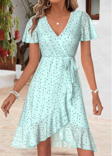 women clothes image of Light Green Polka Dot Short Layered V Neck Dress
