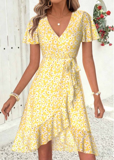women clothes image of Light Yellow Floral Print Short Layered V Neck Dress