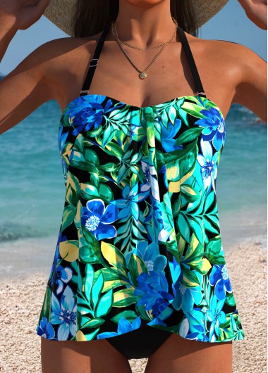 women clothes image of Multi Color Mid Waisted Cross Hem Tankini Set