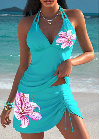 women clothes image of Blue Mid Waisted Floral Print Tankini Set