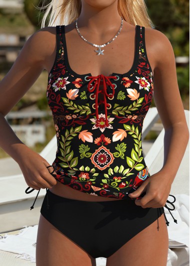 women clothes image of Black Mid Waisted Lace Up Tribal Print Tankini Set