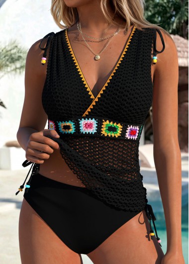 women clothes image of Black Lace Up Tribal Print Tankini Top