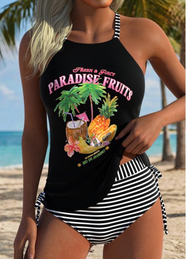 women clothes image of Black Mid Waisted Tropical Plants Print Tankini Set