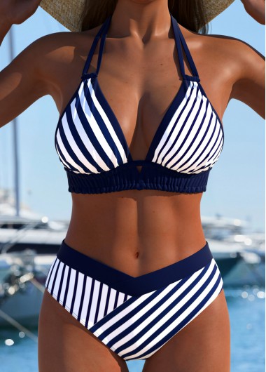 women clothes image of Navy Mid Waisted Striped Bikini Set