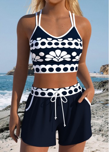 women clothes image of Navy Mid Waisted Layered Geometric Print Bikini Set