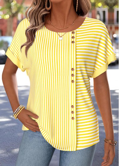 women clothes image of Yellow Striped Button Short Sleeve Boat Neck T Shirt