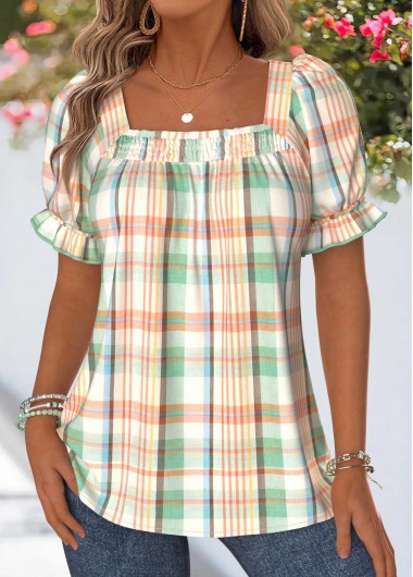 women clothes image of Multi Color Plaid Curved Hem Short Sleeve T Shirt